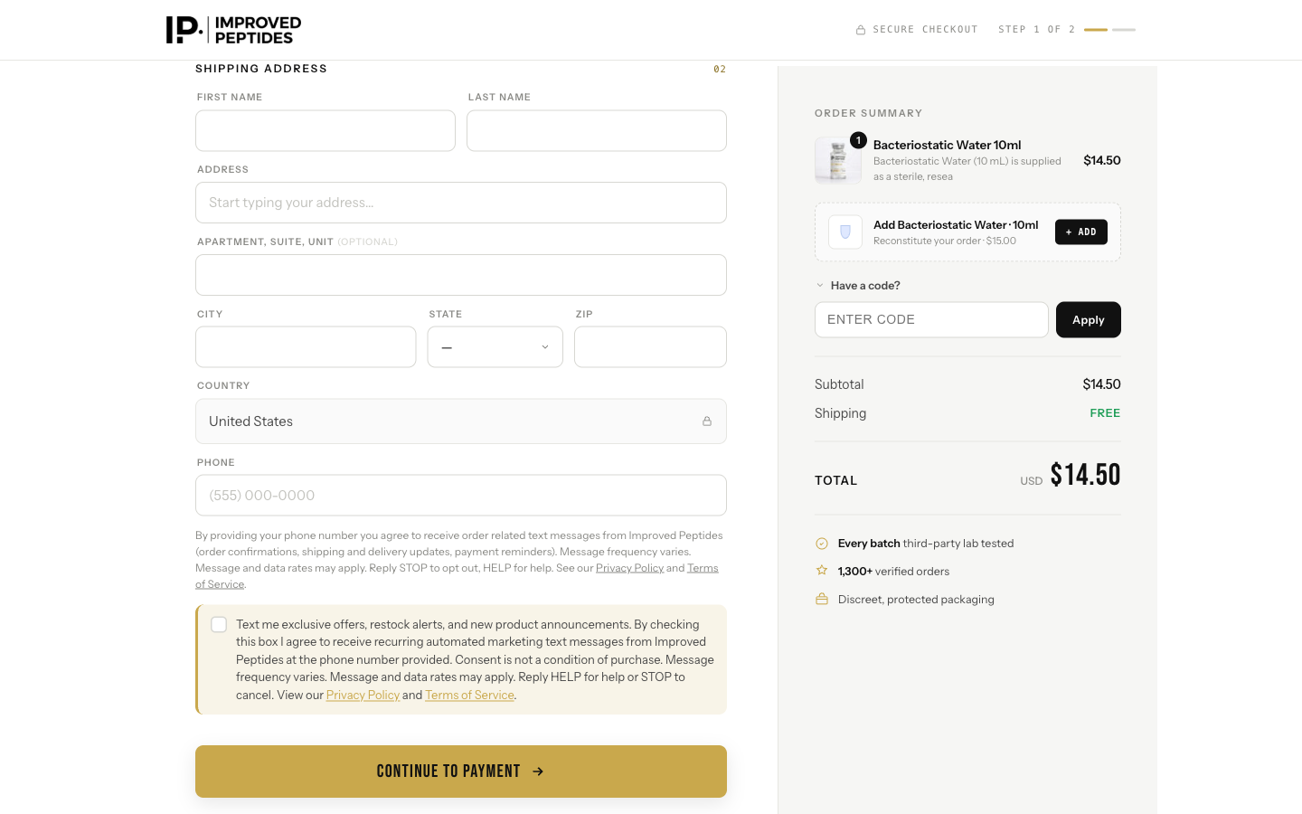 Checkout page desktop view: phone field with the transactional SMS disclosure below it and the separate unchecked marketing SMS consent checkbox