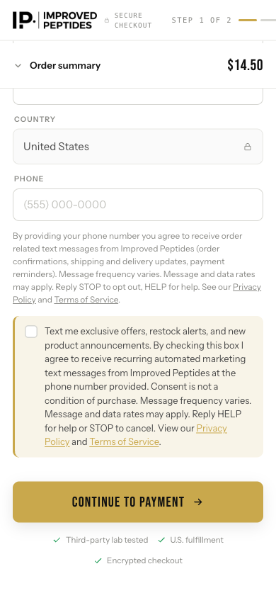 Checkout page mobile view: phone field with the transactional SMS disclosure below it and the separate unchecked marketing SMS consent checkbox